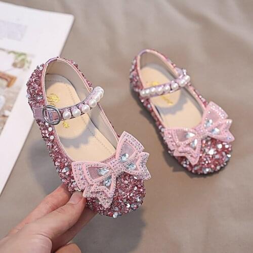 Kids Shoes Girls Sequined Pearl Bowknot Princess Shoes Fashion Childrens Rhinestone Dance Performance Shoes New G95