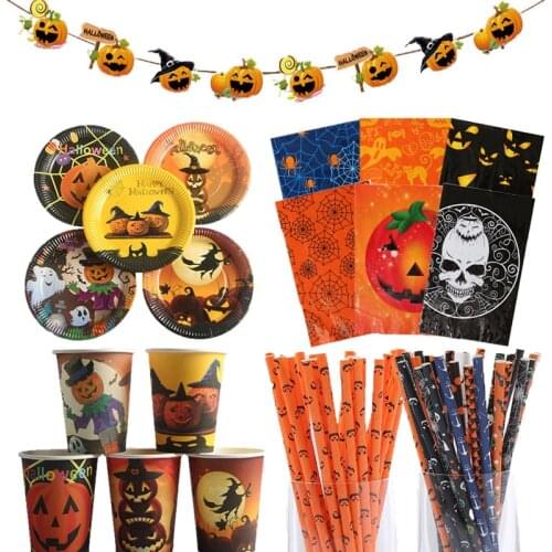 Halloween Decoration Supplies Tablecloths Straws Paper Plates Paper Cups Halloween Party Supplies Halloween Door Flag HY1