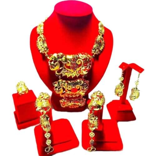 Yulaili Chinese Zodiac Lucky Pig Transfers Gold-color Pendant Necklace Bracelet Earring and Ring Birthday Gift Jewelry Set