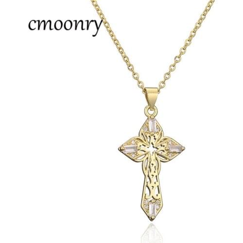 Cmoonry Lucky Female Cross Crystal Pendants Gold colour Chain Necklaces 5A Shiny Choker Necklaces Fashion Jewelry Gift For Women