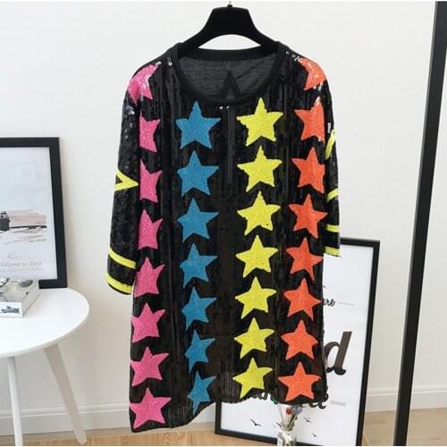 Summer New O neck Loose Large Size T shirt Unique Fashion Sequin Embroidery Women T shirts Hit Color Star Hip hop Tees