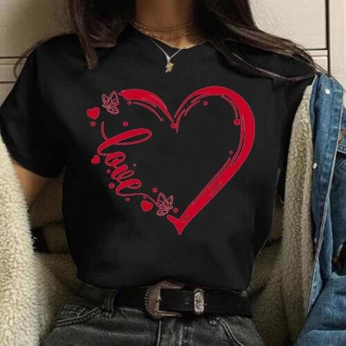 Love print womens shirt red love women casual T-shirt round neck womens fashion short-sleeved new love womens T-shirt