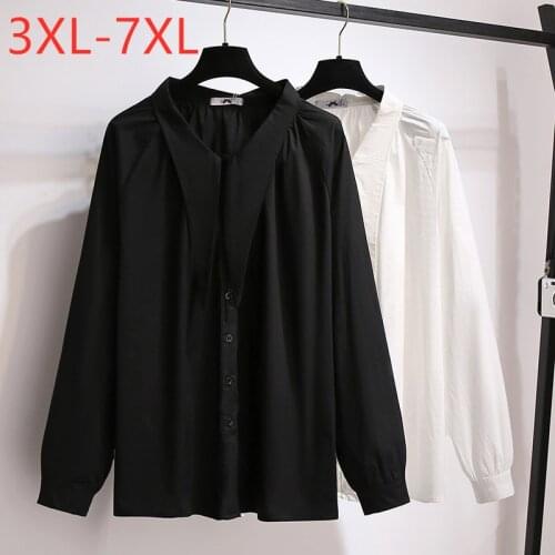 New 2021 Ladies Spring Autumn Plus Size Tops For Women Large Long Sleeve Loose White Black Bow Cotton Shirt 3XL 4XL 5XL 6XL 7XL