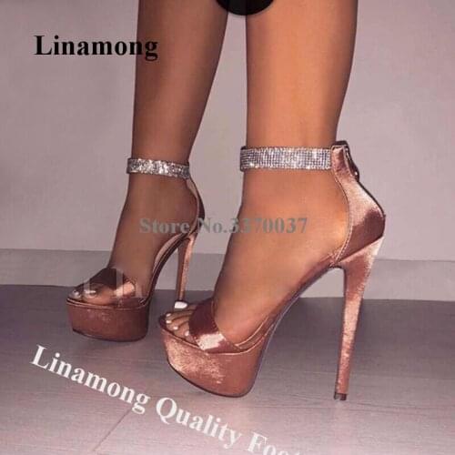 Linamong Charming Rhinestone Ankle Strap High Platform Stiletto Heel Sandals Crystal Silver High Heel Sandals Wedding Heels