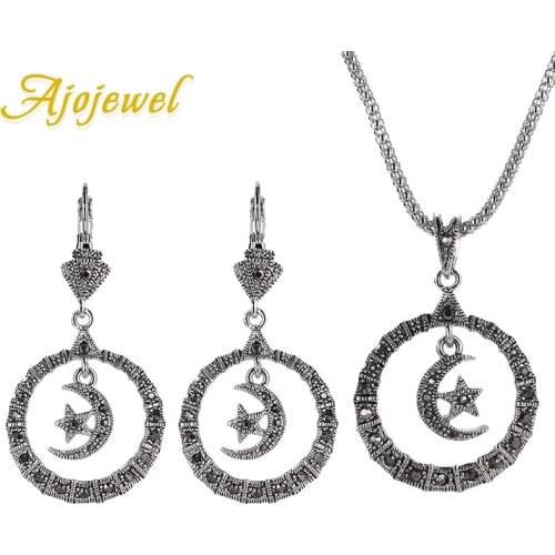 Ajojewel New Model Black Crystal Rhinestone Moon And Star Jewellery Pendant Necklace Earring Sets For Women Vintage Jewelry