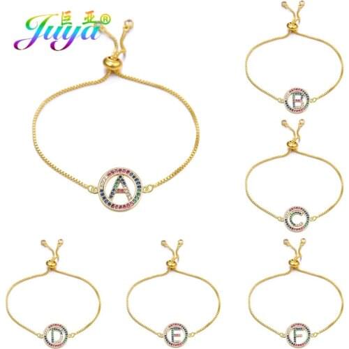 Juya Rainbow Zircon 26 Alphabet Letters Bracelet Femme A-Z Initial Adjustable Chain Charm Bracelets For Women Men