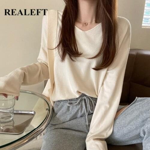 REALEFT V Neck Vintage Knitting Pullovers 2021 New Female Korean Style Solid Color Long Sleeve Autumn Casual Womens Sweaters
