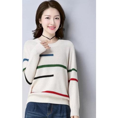 Women Fashion Spring Autumn Sweater Pullover Korean Loose Stripe Knitwear Casual O-Neck Ladies Long Sleeve Top TT0069