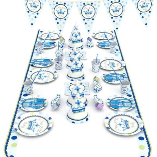 66 Pcs/set Blue Crown Theme Boy Birthday Party Banquets Decoration Props Blue Paper Banner Birthday Hat Cake Tableware Supplies