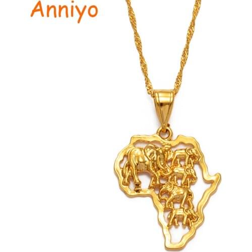 Anniyo Map of Africa Necklace Gold Color Elephant African Map Pendant Chain Women/Men Ethiopian Jewelry Nigeria #132506