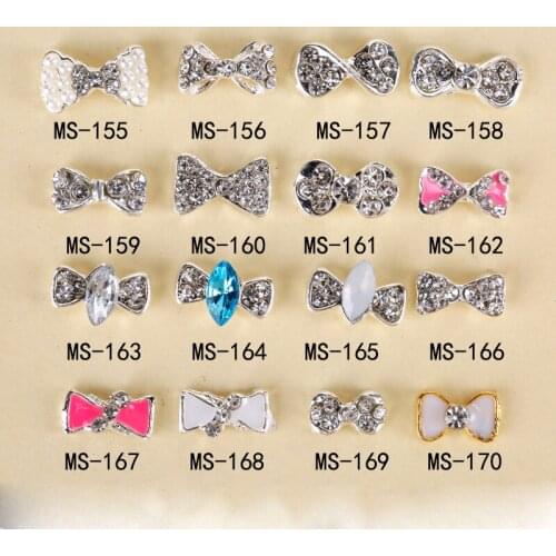 Free Shipping 100pcs 3D Silver Nail Alloy Decoration Metal Nail Art Bow Design Glitter Rhinestone Nail Art Tips Stickers