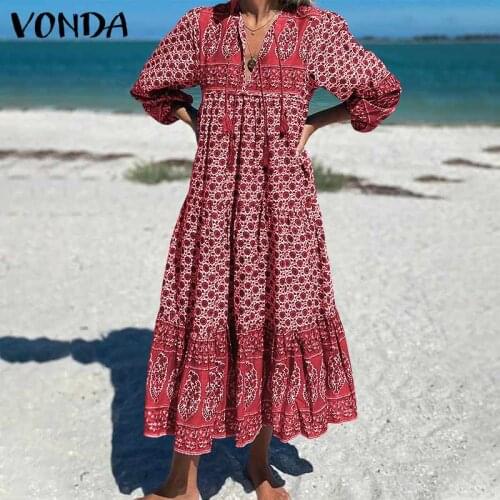 Bohemian Dress Women Summer Sundress Vintage Long Sleeve Floral Print Party Dress 2021 VONDA Casual Vestidos Plus Size