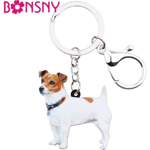 Bonsny Acrylic Cute Jack Russell Dog Key Chains Keychain Rings Women Girl Ladies Handbag Car Charms Animal Jewelry Wholesale Pet