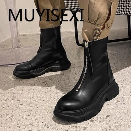 Comfortable high quality genuine leather round toe 5cm platform med heel women fashion winter zip ankle boots LDI25 MUYISEXI