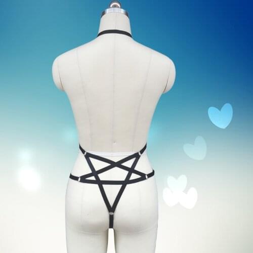 Black Elastic exotic bra bondage cage bra Harajuku Pentagram Thongs prom evening dress byustgaltyer body harness gothic cage bra