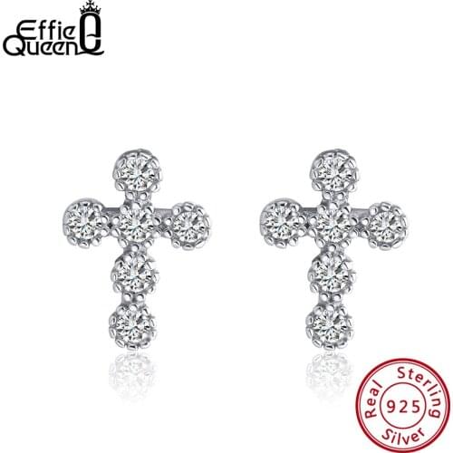 Effie Queen 925 Sterling Silver Stud Earrings for Women Cute Cross Earrings with Zircon Rose Gold Color Silver Jewelry BE106