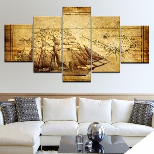 HD Print Ship Boat World Map Vintage Abstract Oil Paintings Canvas Wall Art Modern Picture for library Office Room Home Decor