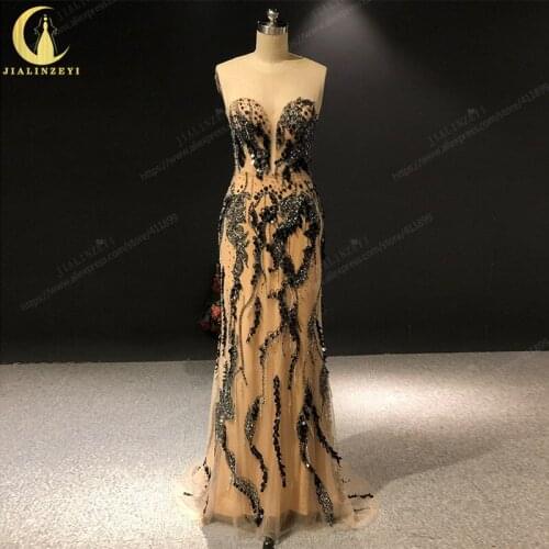 JIALINZEYI Rhine Sexy Nune with black beads Sequins mermaid Floor length Party dresses New Evening dress 2020