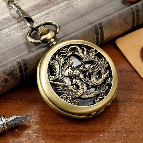 Retro Half Hunter Hollow Dragon & Phoenix Design Pendant Men Women Pocket Watch Chain Fashion Cool Clock Children Gift reloj