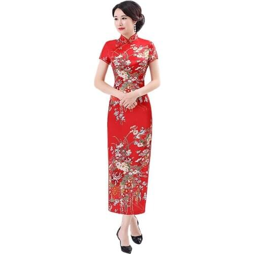 Plus Size 3XL 4XL 5XL Chinese Qipao Classic Women Women Chinese Short Sleeve Floral Print Brocade Cheongsam Banquet Midi Dress