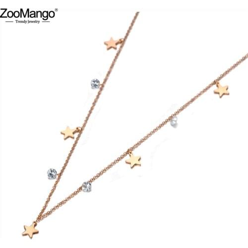 ZooMango Trendy Titanium Stainless Steel Star Charm Choker Necklaces Bohemia CZ Crystal Pendant Necklace For Women Girls ZN20004