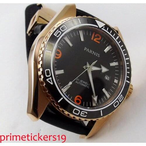 45mm PARNIS black dial golden plated case sapphire glass automatic mens watch date movement leather strap 306
