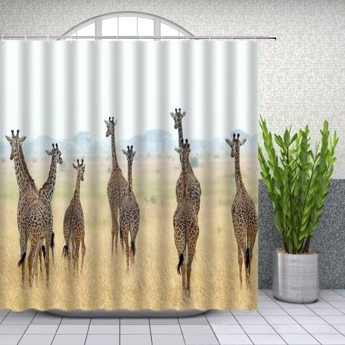 Hot Giraffe Family Shower Curtains Africa Wild Animal Grassland Landscape Bathroom Decor Home Bath Waterproof Cloth Curtain Set