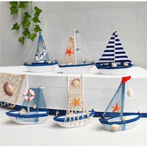 Mediterranean Style Small Wooden Handicraft Art Sailing Fishing Boat Model Desktop Ornaments Photo Props Gift Home Decoration
