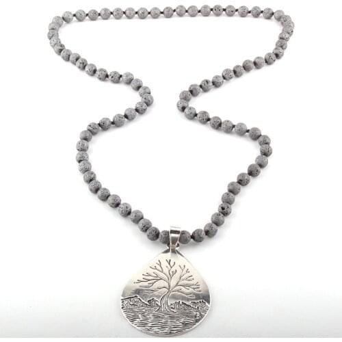 MOODPC Fashion Bohemian Jewelry Lava Stone Knotted Metal Drop Pendant Necklaces