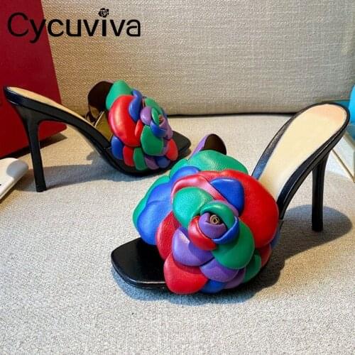 Sexy Big Flower High Heel Mules Shoes Women Slippers Slip On Flip Flops Ladies Designer Slides Summer Leather Shoes For Women