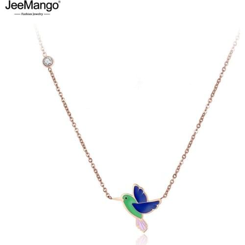 JeeMango New Stainless Steel Colorful Glaze Hummingbird Choker Necklace Jewelry Animal Pendant Chain Necklace For Girls JN19054