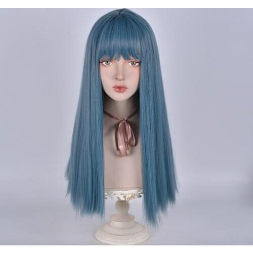 VICWIG Cosplay Wig Synthetic Hair Long Straight Dark Blue Womens Wig with Bangs Heat-resistant Rose Net