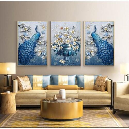 3Plane Blue Peacock Orchid Flower Butterflies Posters and Prints Canvas Painting Nordic Style Wall Art Picture For Living Room