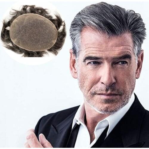 Swiss Full Lace Mens oupee 1B Black Color Real Human Hair Mixed 20% Grey Synthetic Hair Replacement for Men Hairpiece 10X8