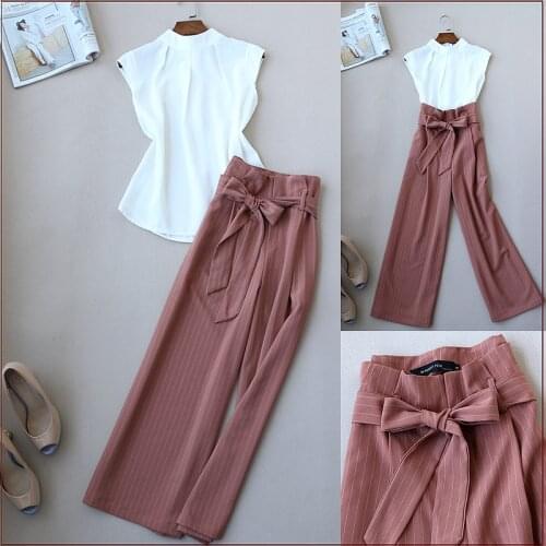 Fashionable OL Women Stand Collar Chiffon Top and Wide Leg Pants Office Wear Clothing Set Summer Set