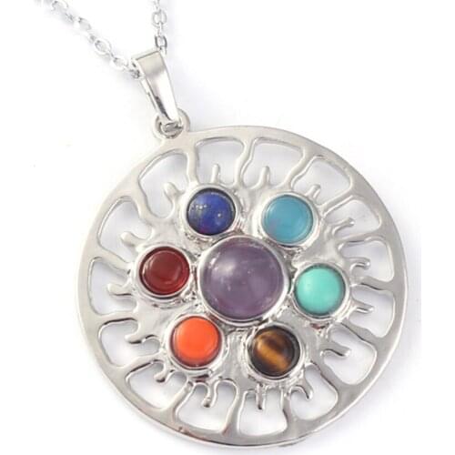 Trendy-beads Popular Silver Plated Flame With 7 Stone Beads Round Reiki Healing Chakra Pendant Fashion Jewelry
