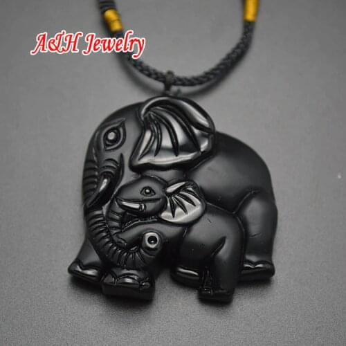 High Quality Lovely Mother and Son Elephant Pendant Natural Black Obsidian Animal Necklace Women Jewelry 5pc/lot