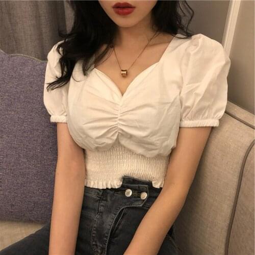 2021V Collar Sexy T-shirt Women Fashion Puff Sleeve Female Short Tops Slim Plus Size Black White Tees Womens Clothing