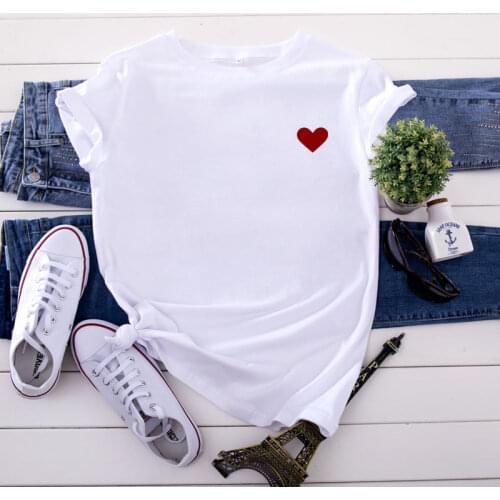 2020 Womens T-Shirt Harajuku Heart Printing Top Female Tshirt Casual Simple Streetwear O Neck White Short Clothes