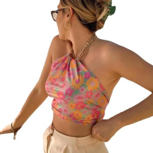Women Summer Sexy Halter Chain Off Shoulder Crop Top Backless Lace-Up Camis Vest Boho Floral Print Sleeveless Shirts