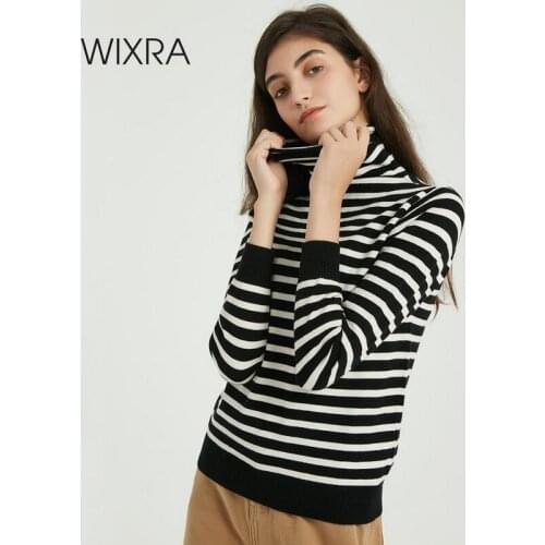 Wixra Women Soft Striped Knitted Sweater Ladies Long Sleeve Turtleneck Basic Pullovers Autumn Winter Classic Jumper Tops