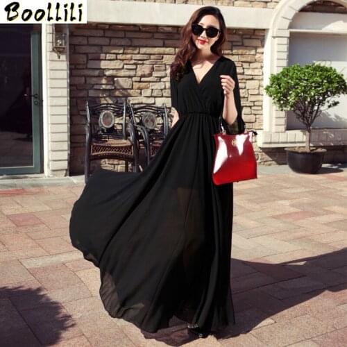 Summer Dress for Womens Bohemian Chiffon Red Dress Casual Loose Long Maxi Solid Dresses V-neck Sexy Beach Dresses Vestidos