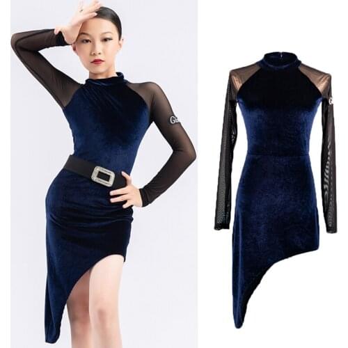 Velvet Latin Dance Dress Girls Clothes Mesh Tango Dress Rumba Modern Dancewear Performance Costume Salsa Dancing Outfit JL3443