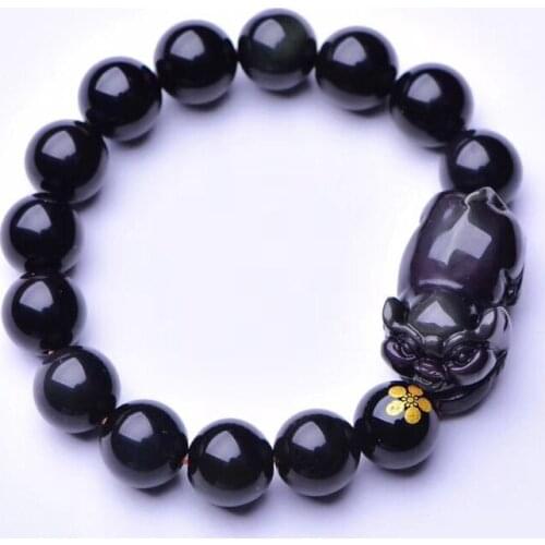 JoursNeige Black Natural Obsidian Stone Bracelets Round Bead Pig Zodiac Bracelets for Men Women Energy Stone Fashion Jewelry