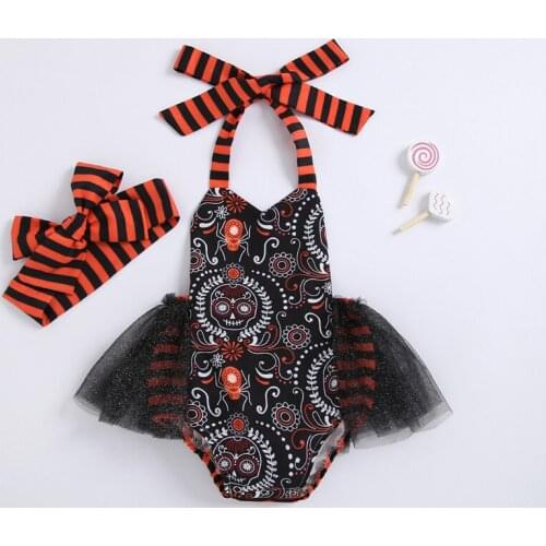 Baby Girl’s Backless Cute Halloween Print Bow Bandage Halter Jumpsuits and Headband 2 Piece Set for 0-24 Months