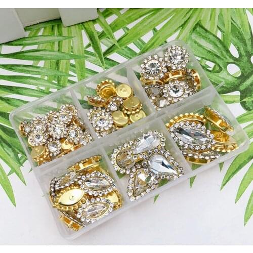 1 Box Crystal Sewing Rhinestone Gold Base Clear Multi Color Mix Shape DIY Sew on Crystal Stone Dresses Decoration In 6 cell pot