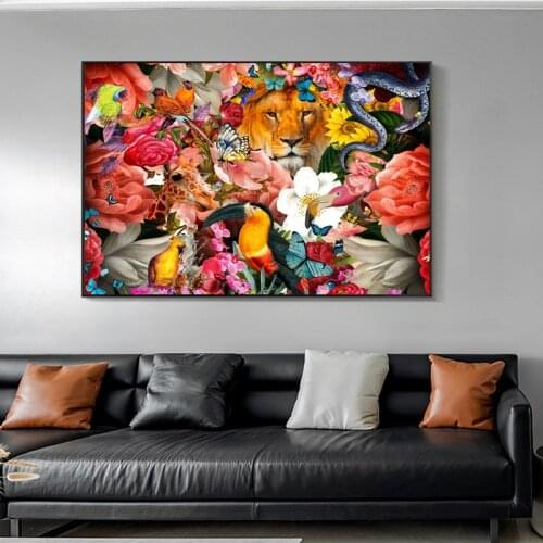 Colorful Flowers Lion Birds Canvas Painting Modern Animals Posters and Prints Cuadros Wall Art Picture for Living Room Decor