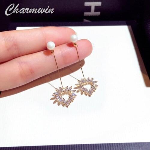 New Fashion Dangle Earrings Long Earrings For Women Simple Simulated Pearl Rhinestone Heart Drop Earrings