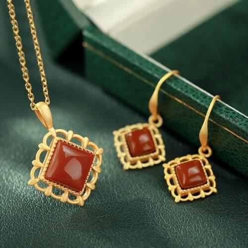 Original silver inlaid natural South Red geometric jewelry set Chinese style retro court charm womens Christmas Halloween Gift