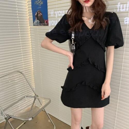 Dresses Women Temperament Black V-neck Fungus Short-sleeved Dress Female Summer New Style Waist Thin A-line Skirt Mini Dress
